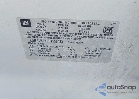 2015 Chevrolet Equinox 1Lt from USA, damaged, VIN 2GNALBEK0F1139423